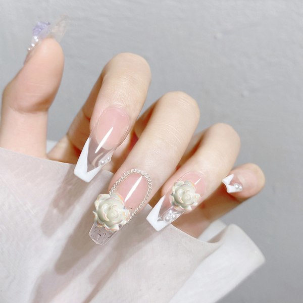 CDQ Nagelkonst 3D Harts Vit Rosblomma Design Aurora Kronblad Nagelform9