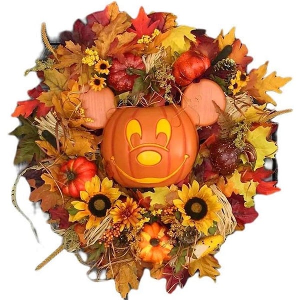 Høst græskar dørkrans, Halloween Mickey Mouse form dørkrans, hoveddør kunstig ahorn solsikke efterårsdekoration, indendørs udendørs Thanksgiving P