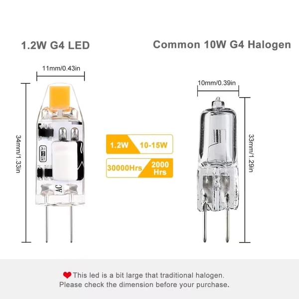 12-pack G4 LED minilampor, AC/DC 12V 1.2W varmvit 2700K dubbelstift LED-pärlor