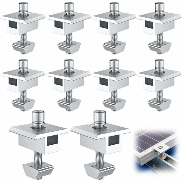 Monteringsfäste för solpaneler - 10 st Aluminium Solpanelfäste, T-formade mittterminaler, PV Solpanel Fixering, Takmonteringsfäste för mitten, för