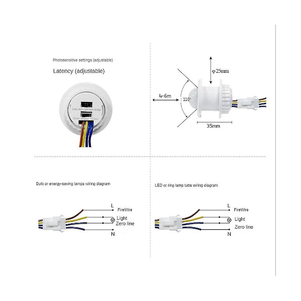 2 stk. Bevægelsessensor Lyskontakt 110-220v PIR Sensor Smart Detektion Tidsforsinkelse Justerbar Infrarød (ZYH)