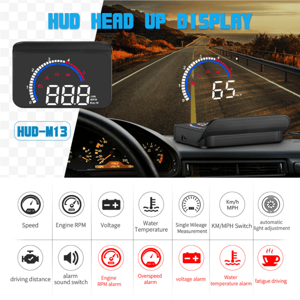 Universal bil HUD för Head Up Display Digital OBD Hastighetsmätare med Speed ​​Up Test Broms Överhastighetslarm Display för fordon