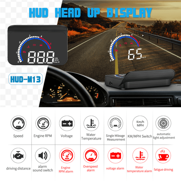 Universell bil HUD för Head Up Display Digital OBD Hastighetsmätare med Speed Up Test Broms Overspeed Alarm Display för fordon