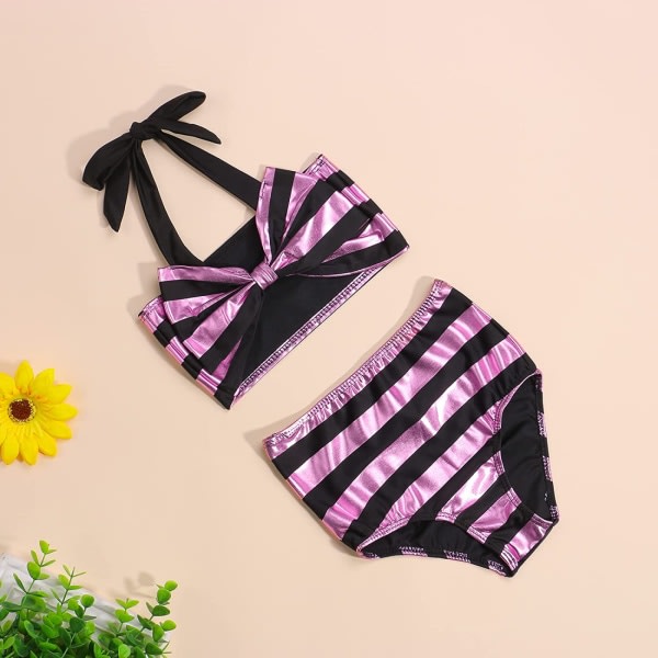AVEKI Babyflicka Set Glimrande Ränder Baddräkt Barn Halter Toppar Shorts med Hög Midja Baddräkt Strandkläder, 0-3 månader, Rosa