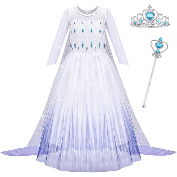 Elsa-dräkt, barn, flickor, Elsa Anna, prinsessklänning, barn, Elsa-klänning med krona, trollstav, fest, utklädning, karneval, halloween, julkostym 140cm