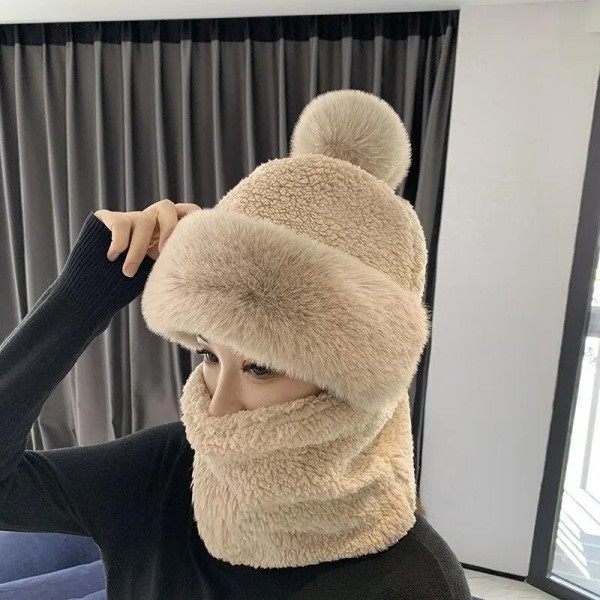 Talvituubisetti naisille, pehmeä kaulansuojus, lämmin Venäjän ulkoilmahiihtoon, tuulenpitävä hattu, paksu ja pörröinen beanie-hattu zdq