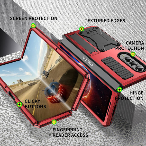 Case yhteensopiva Samsung Galaxy Z Fold 4:n kanssa, hård PC Military Armor Heavy Duty Stötsäkert cover kanssa fäste Röd Red