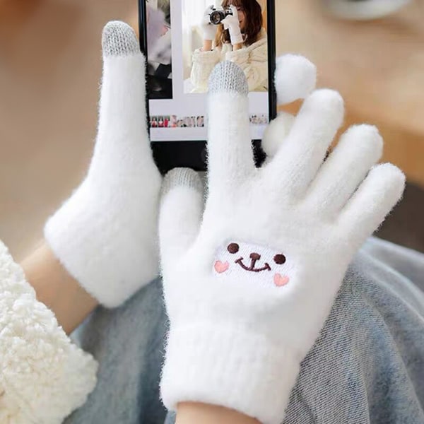 1 pari talviset plyysihanskat Smile Stickad Five Finger Touch White One Size White One Size