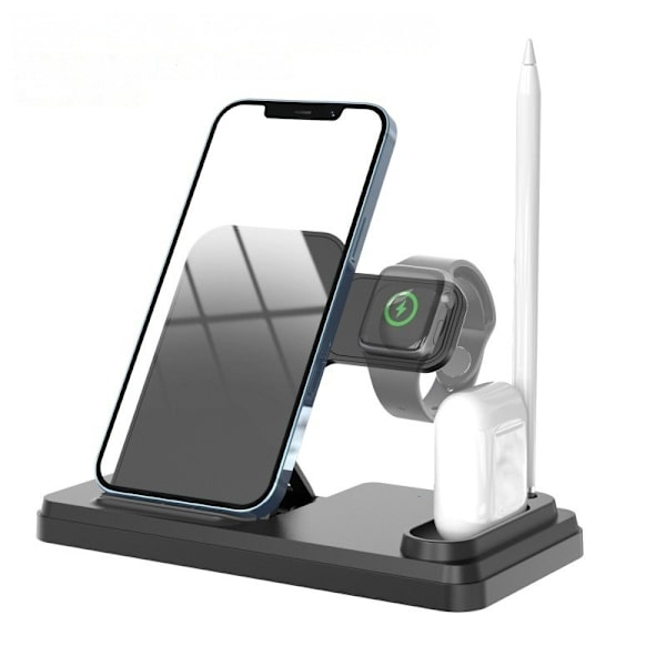 Uusi monitoiminen taittuva matkapuhelinteline langattomalla latauksella 10W pöytätyöskentelyyn pystysuoraan nopeaan lataukseen Apple Watchille ja kuulokkeille White
