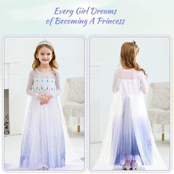 Elsa Kostume, Børn, Piger, Elsa Anna, Prinsessekjole, Børn, Elsakjole Med Krone, Tryllestav, Fest, Udklædning, Karneval, Halloween, Julekostume 100cm