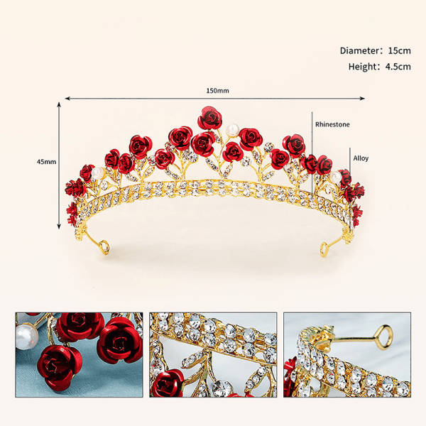 Vintage Light Luxury Rose Rhinestone Crown Bridal Pannband Päron Red