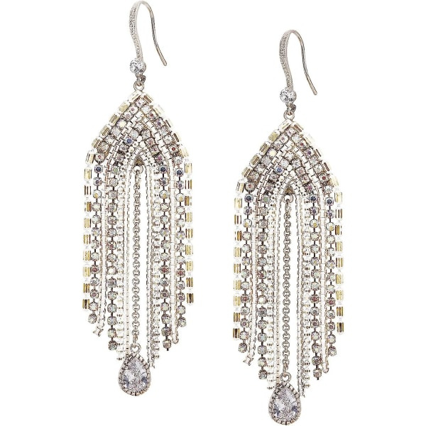 Fringe Ljuskrona Drop Dingle Örhängen För Kvinnor, Boho Long Handmade Bohemian Cz Crystal Rhinestone Statement Chain Wedding Dingle Örhängen För Bal P
