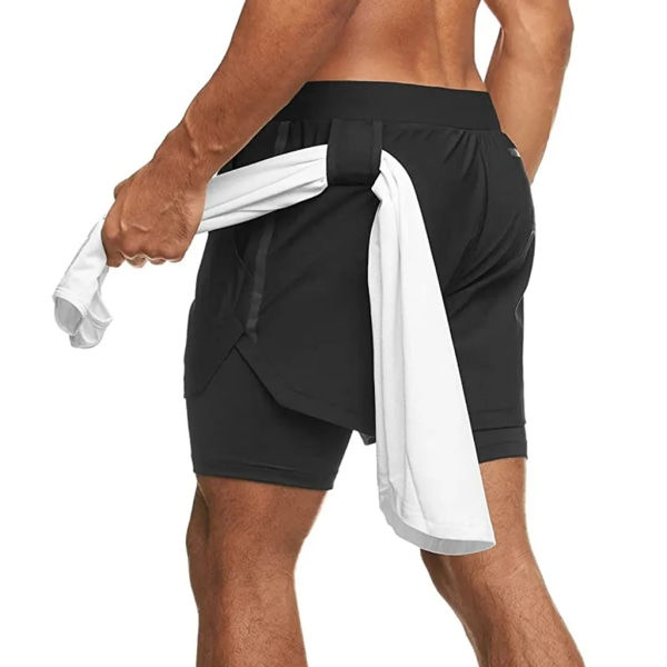 Herrshorts Sport 2-i-1 Korte Sommarshorts Bukser Hurtigtørrende Løbeshorts Fitness med Lynlås (XL, Sort) Sort