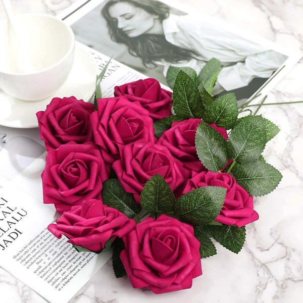 Kunstige blomster 25 stk falske roser med stilke og 2 blade til bryllupsbuketter til gør-det-selv festdekoration rose rød rose Red