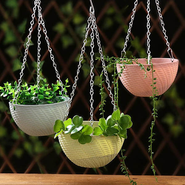 Balkon Kæde Hængende Plantekasser Blomsterpot Kurv Imitation Rattan Vævning Blue