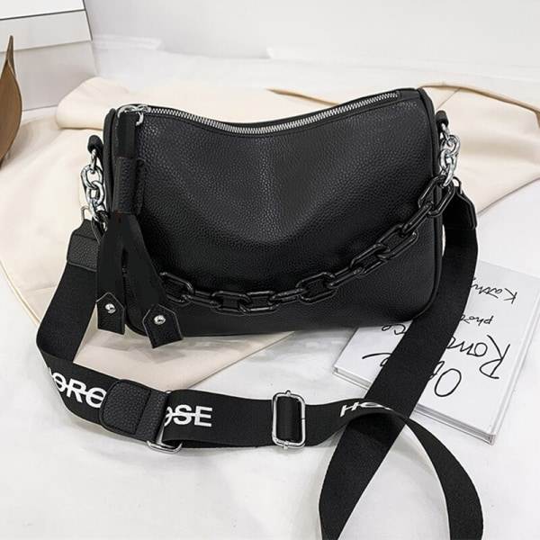 Damväska Kohud Bokstavstryck Handväska Designer äkta läder Dam Axelväska Kedjor Kvinnlig Tote Lyxmärke Dam Messenger Bag svart