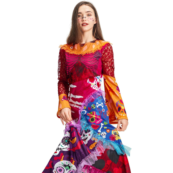 Halloween Dødedagskostume til kvinder lang kjole skelet trykt flot kjole kvinde outfit S