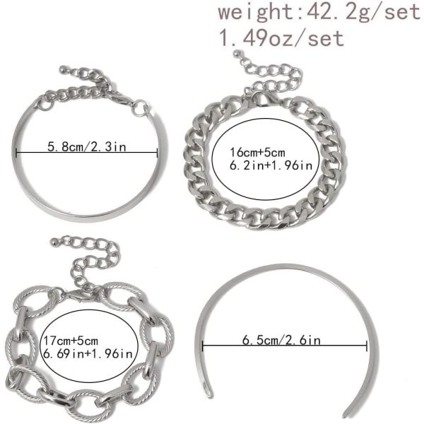Heyone Boho Stakbar Punk Armbåndssæt Guld Sølv Chunky Lagdelt Justerbar Lænke Armbånd Kæde Smykker til Kvinder og Piger 4stk (Sølv)
