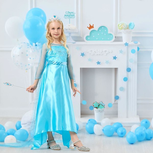 Elsa-kjole til jenter, Elsa-prinsessekostyme for barn, utkledning for barn til fest, brudepike, cosplay, festlek, jul, halloween 100cm