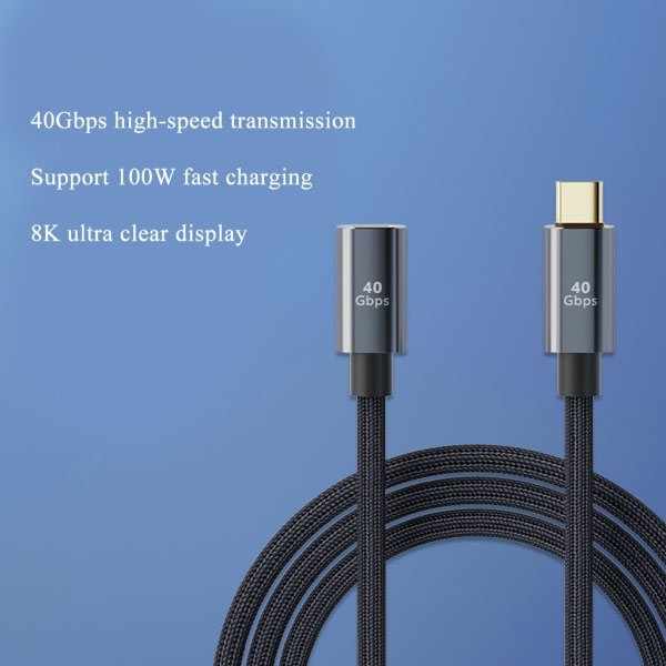USB-C Förlängningskabel, USB-C Typ-C 100W Snabbladdningsförlängningskabel 40 Gbps Dataöverföring Typ C Förlängningssladd 0,8m