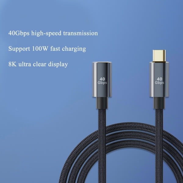 USB C-förlängningskabel, USB-C Type-C 100W snabbladdningsförlängningskabel 40Gbps Dataöverföring Typ C-förlängningssladd 0,8m
