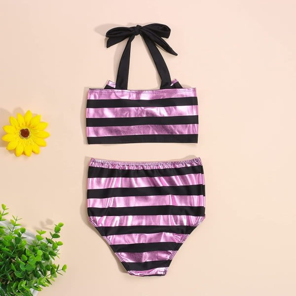 AVEKI Babyflicka Set Glimrande Ränder Baddräkt Barn Halter Toppar Shorts med Hög Midja Baddräkt Strandkläder, 0-3 månader, Rosa