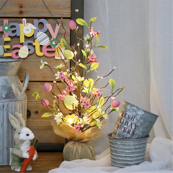Påskägg Träd Konstgjord Blomma Led Ljus Bordsskiva Dekorationer Påsk Lampa Ornament