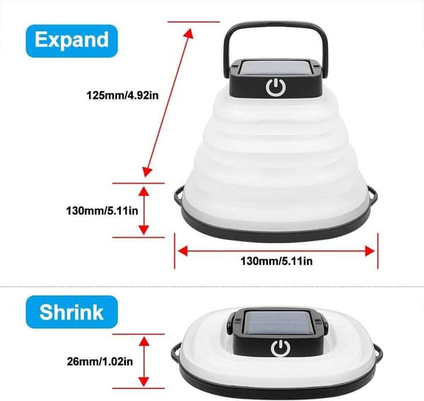 [2-pak] Solar Camping Lanterne, LED Campinglampe Genopladelig med USB-kabel, Sammenklappelig og 3 dæmpbare tilstande (Sort)