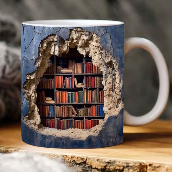 3D bokhyllemugg, en bibliotekshyllmugg, kreativt rymddesign multifunksjonskrus for lesere Blå Blue