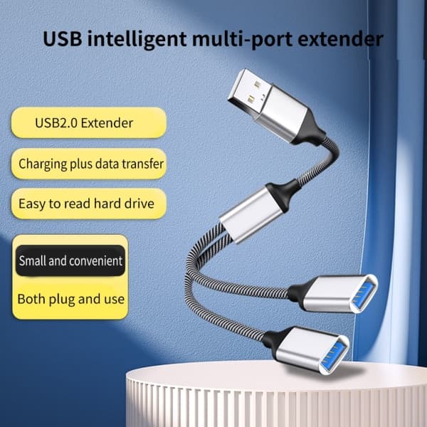 USB-splitterkabel USB-hub strømforlengelsesadapterkabel 28 cm/11,02 tommer sølv