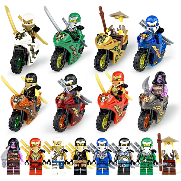 Erinomainen laatu - 8 kpl Ninja-moottoripyöräsetti Minifiguurit Ninja Mini Figuurit Lohkolelut