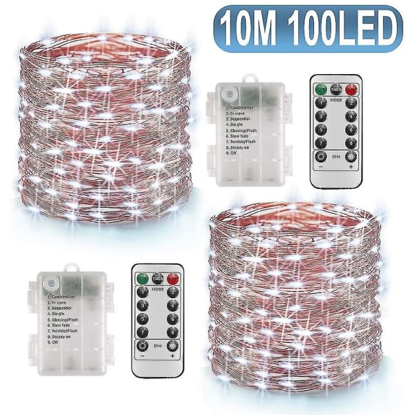 100 lysdioder 10 m stränglys timerfunksjon med fjernkontroll Ip65 vanntät inomhus - kall vit (2 st)