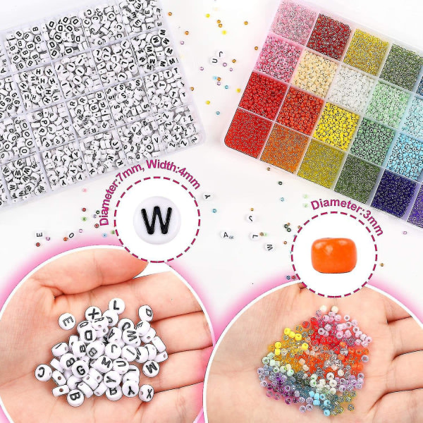 Craft Beads Kit 10800st 3mm lasihelmiä ja 1200st kirjainhelmiä ystävyysrannekkeiden tekemiseen Korujen valmistus Kaulakorut ja avaimenperät 2 rullalla O