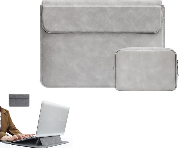 15-16 tommer laptop sleeve, 3-vinklet justerbart stativ, stødabsorberende imiteret ruskind, tilbehørspose, til skole, rejser, lysegrå
