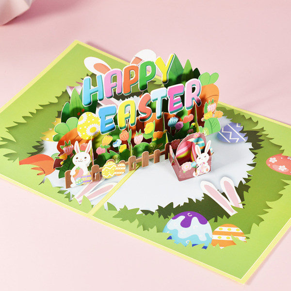 3D Pop Up-kort Glad Påske Hilsenskort Kanin Blomst Kurv Postkort med Konvolutt for Påskedag Håndlagde Gaver null - A