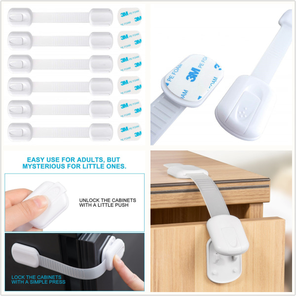 12-pack barnsäkra baby Spärrar för lådor, kyl, diskmaskin, toalettsits, skåp, ugn, papperskorg, ingen borrning，fleranvändningslim