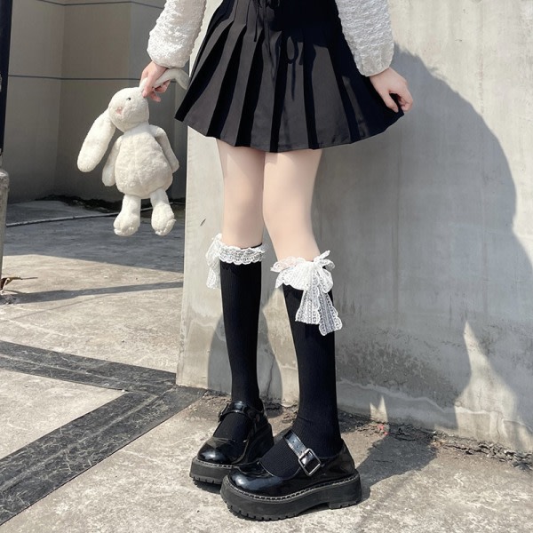 Japanska Lolita Spetsstrumpor Dam Söta Kowknot Höga Knästrumpor A4 One Size A4 One Size