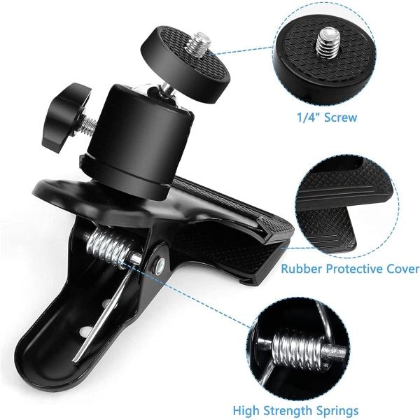Kamerablixtfäste 360 ​​graders kameraklämma 1/4 tum gängat kulhuvud för GoPro Hero DSLR DSLR kamerastativ (svart)