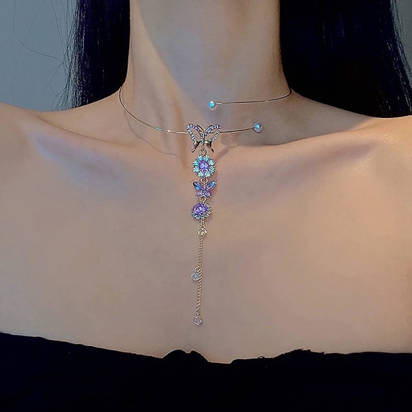 Fjerkrave Halskæde Krystalperle Vedhæng Til Kvinder Piger Strass Kvast Diamant Åben Juvel, Charme Jubilæumsfødselsdag Gave Til Hendes, (Lilla