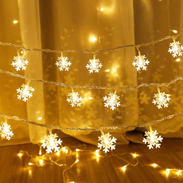 Julbelysning, Snöflinga String Lights Batteridriven 20ft, Varmvit