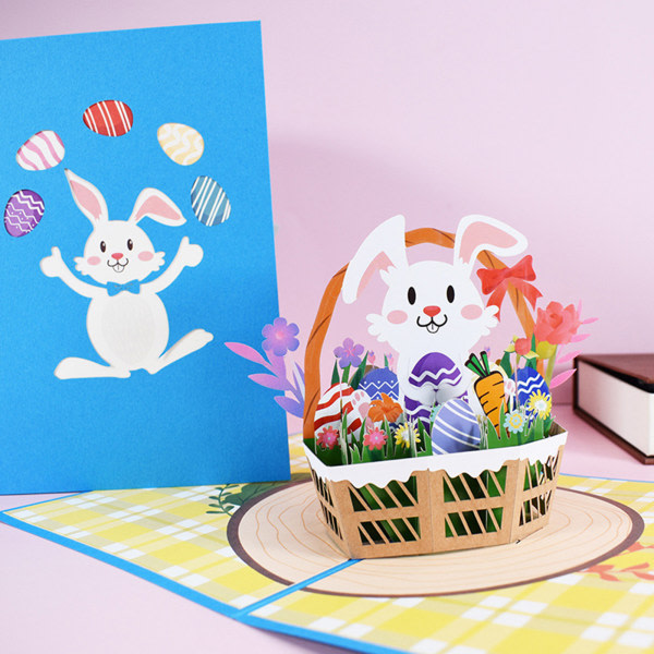 3D Pop Up-kort Glad påsk gratulationskort Bunny Flower Basket Vykort med kuvert för påskdagen Handgjorda presenter null - A