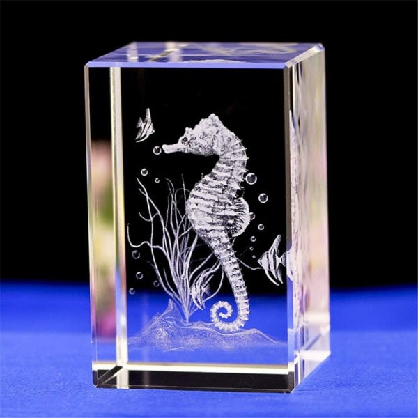 Kristallglas sjöhäst staty modell, 3D laser etsad kristall sjöhäst figurer konst, djur Kristallglas kub gravyr sjöhäst prydnader (5 * 5 * 8 cm)