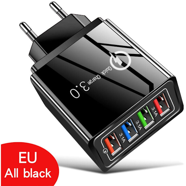 USB Væglader med 4 porte, 15W Multi-Port Rejseadapter - Sort