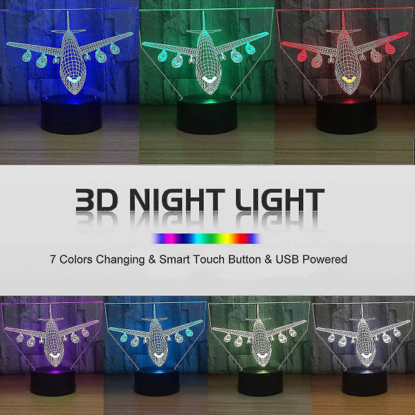 Nattlampa för flygplan 3D Illusion Lampa 7 färgskiftande pekkontroll med USB-kabel LED-bordslampa Dekorationslampor Jul Födelsedagspresenter Yw1