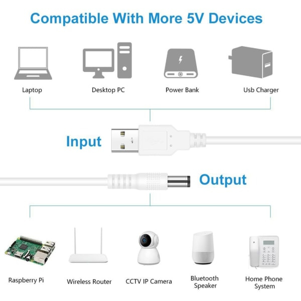 USB til DC5V strømforsyning for ruterhøyttalere USB til DC5,5x2,1mm plugg ladekabel strøm 8-plugger kontaktadapter adapter