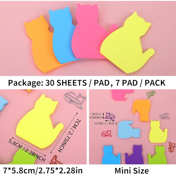 7 Pakk Søte Katt Sticky Notes - Kawaii Memo Pads med Papirklips for Skole og Hjem a