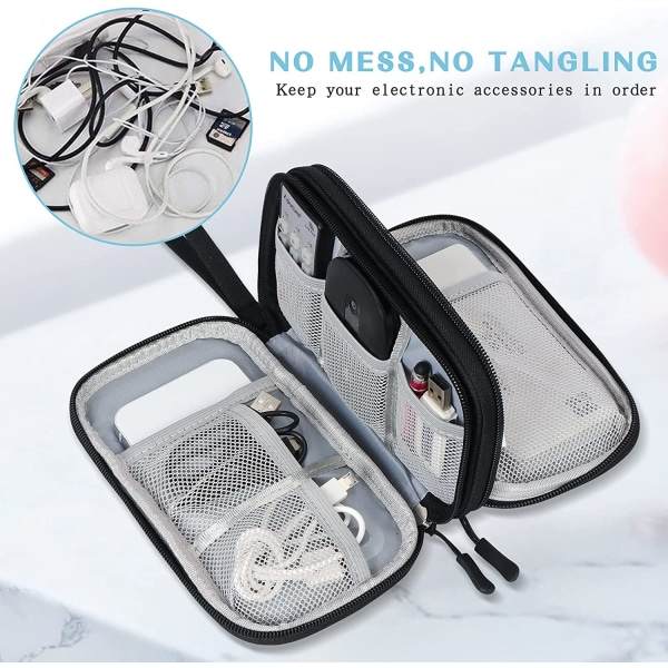 Elektronisk arrangør, reiseveske, pose, bærbare veske, bærbar vanntett dobbel etui for kabel, ledning, lader, telefon, hodetelefoner svart