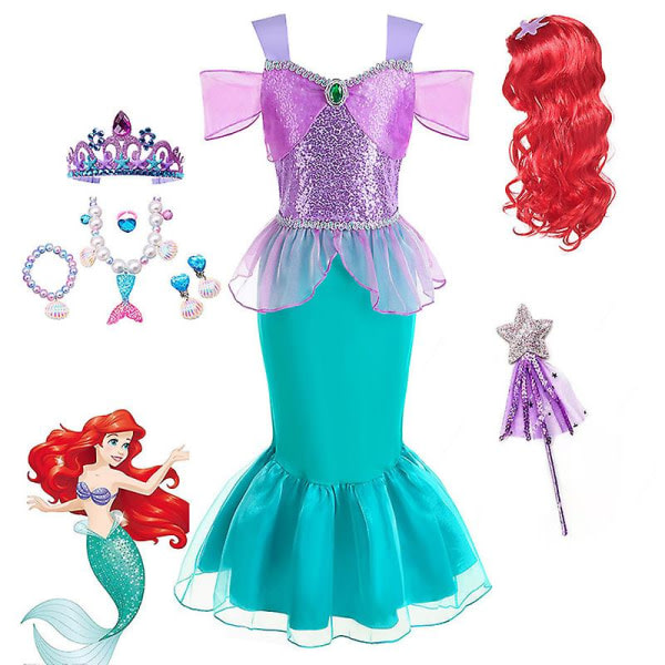 Ariel Klänning Cosplay Kostymer Halloween Sjöjungfrun Prinsessan Kjolen Ariel Prinsessan Klänning Halsband Örhänge Krona Ig Magic Stick Väska 140 zdq