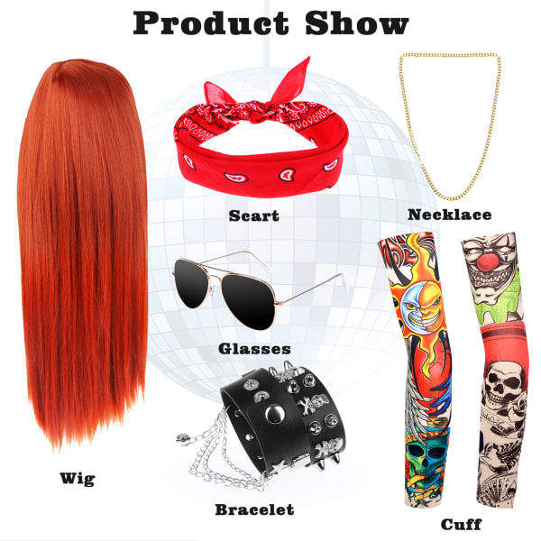 Pack Rocker Fancy Dress -asusteet 70-luvun 80-luvun 90-luvun asukokonaisuus, musta peruukki