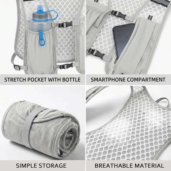 Løbevest, åndbart polyesternet, reflekterende striber, justerbar pasform, unisex til løb, vandreture og cykling, grå